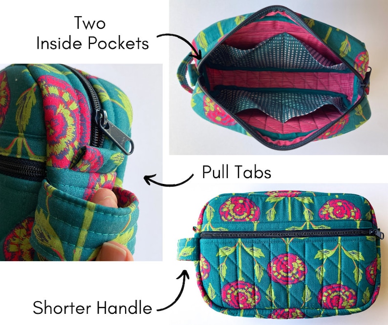 May include: A teal quilted travel bag with a floral print and black zipper. The bag has two inside pockets, pull tabs, and a shorter handle.