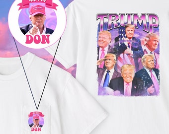 Op de afbeelding: Wit T-shirt met een roze en paarse grafische print van meerdere mannen in pak en stropdas. De tekst "TRUMP" is in grote roze letters boven de grafische print gedrukt. De achterkant van het shirt heeft een klein zakje met een roze en paarse grafische print van een man die een rode "Make America Great Again"-hoed draagt. De tekst "daddy DON" is onder de grafische print gedrukt.