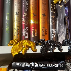 May include: A selection of books with vibrant spines and dragon-shaped bookends. The books, including titles like "Iron Flame" and "Fourth Wing" by Rebecca Yarros, are arranged on a shelf. The bookends are gold and black.