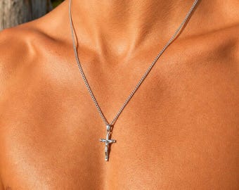 Mens Silver Crucifix Necklace, Stainless Steel Pendant Necklace, Personalised Length