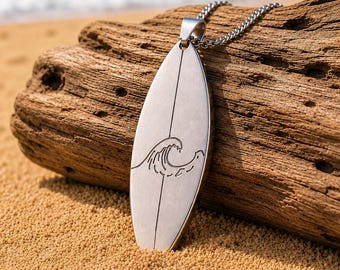 Mens Necklace, Silver Surfboard Necklace, Mens Silver Necklace, Engraved Wave Surfboard Pendant, Stainless Steel, Mens Jewelry,