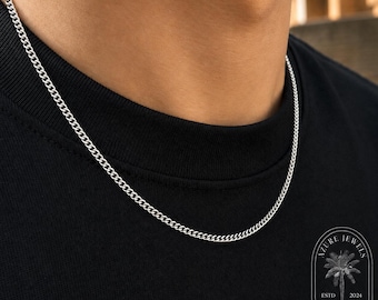 Mens Necklace, Silver Cuban Chain: Stainless Steel Connell Chain 2mm, Thin Silver Chain, Mens Silver Necklace