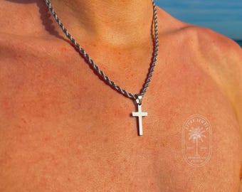 シルバークロスペンダント、メンズクロスペンダントネックレス、メンズシルバーネックレス、メンズジュエリー、シルバーペンダントネックレス、メンズロープチェーン