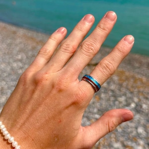 Mens Blue Opal Surfer Ring | Silver Mens Ring | Stainless Steel | Layered Surfer Band Ring 8mm | Ring for him | Ring Gift Men | Mens Ring