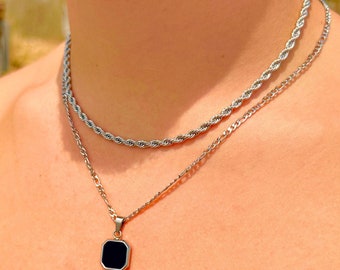 Black Onyx Necklace and Silver Rope Chain Set, Black Onyx Necklace
