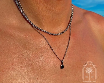 Mens Necklace, Mini Black Onyx Necklace, Mens Silver Necklace, Mens Silver Chain, Gifts for him, Stainless Steel