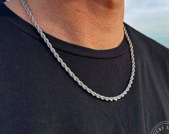 Collana Uomo Catena Corda Placcata Argento 4 Mm, Lunghezza 30 Pollici, Hip Hop