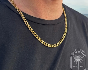 Gold Cuban Chain, Mens Gold Necklace 6mm, 18K Gold, Stainless Steel