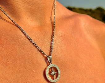 Mens Silver Compass Necklace, North Star Compass Pendant: Stainless Steel, Personalised Length