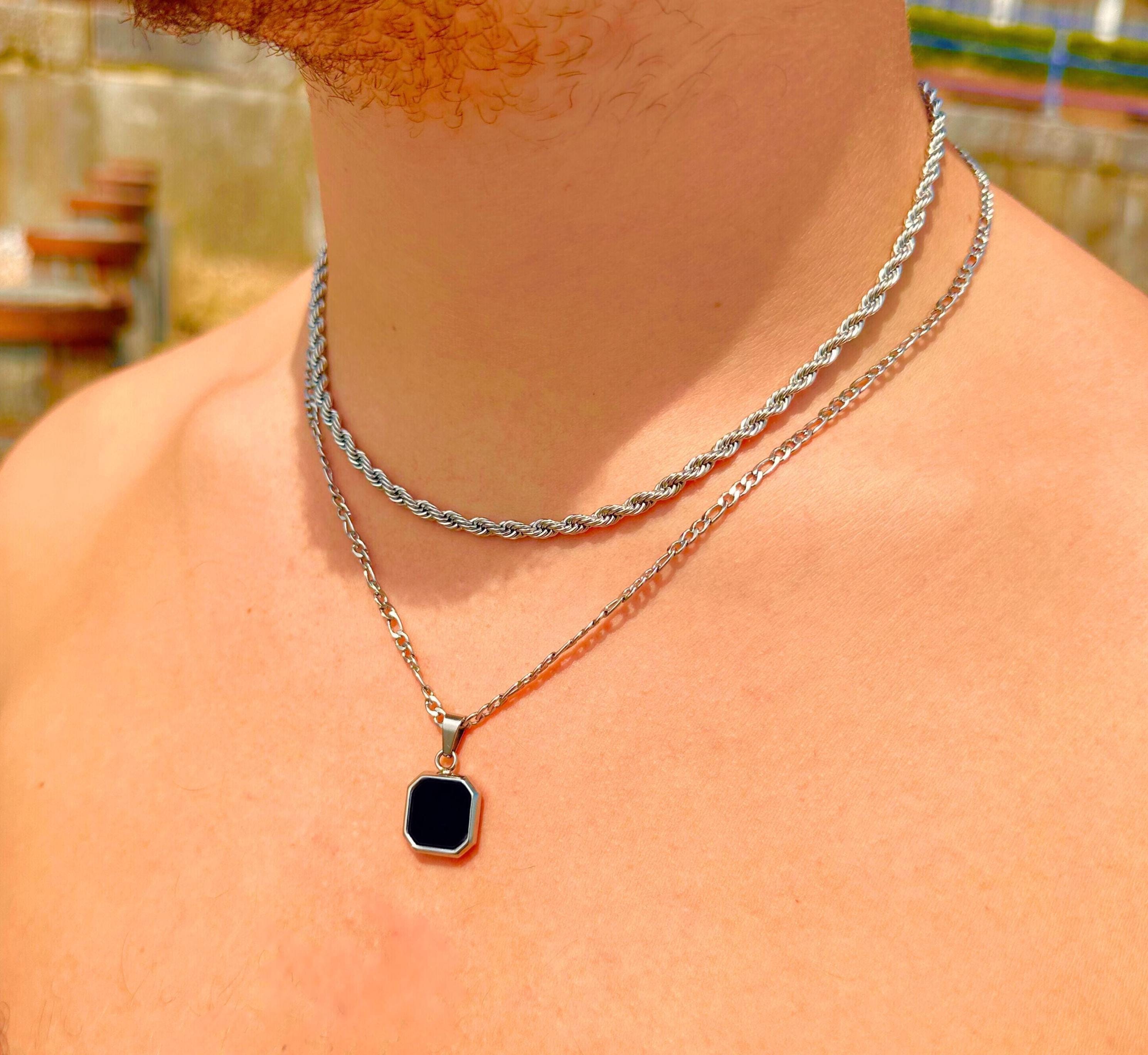 Black Onyx Necklace and Silver Rope Chain Set, Black Onyx Necklace