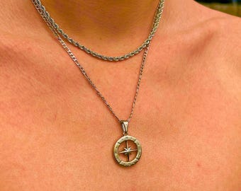 Silver North Star Compass Necklace, Mens Necklace, Mens Silver Compass Pendant, Pendant for him