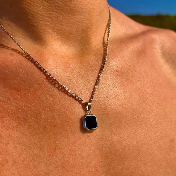 Black Onyx Necklace, Men's Silver Necklace, Mens Stone Pendant, Men's Jewellery, Black Stone Pendant, Men's Fashion Necklace