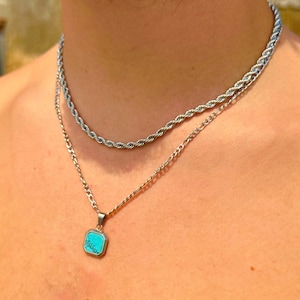 Blue Gem Turquoise Necklace, Men’s Silver Necklace, Blue Turquoise Pendant, Men&#39;s Jewellery, Stone Pendant, Stainless Steel