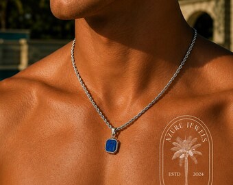 ラピスラズリネックレス、メンズシルバーネックレス、メンズストーン