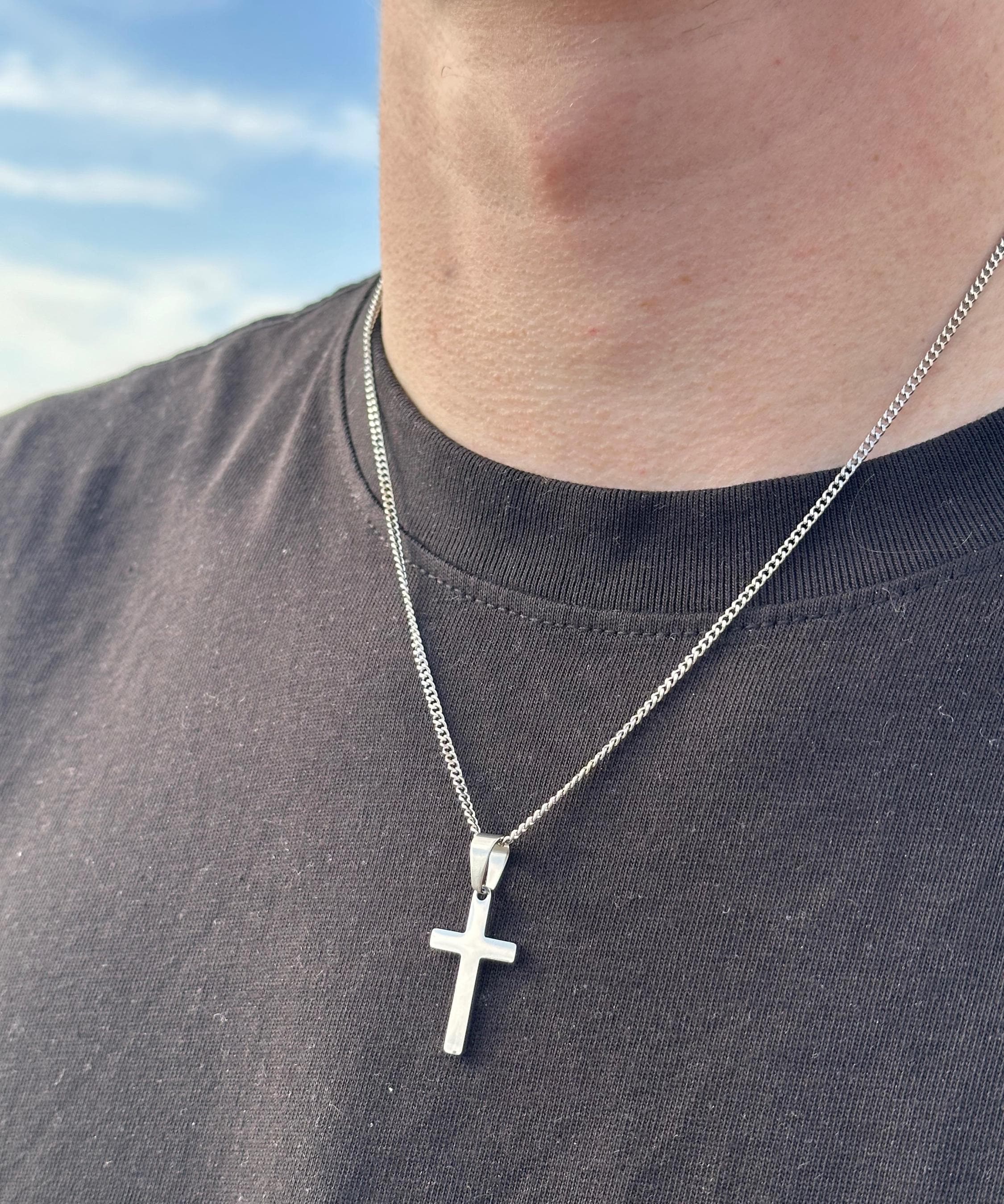 Mens Silver Cross Necklace: Stainless Steel Cross Pendant