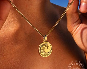 Gold Wave Pendant, Mens Gold Necklace, Mens Jewellery, Gold Pendant Necklace, Mens Chain, Wave Surf Necklace