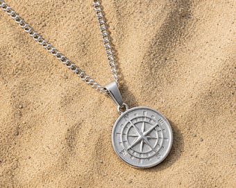 Silver Compass Necklace, Mens Silver Necklace,  Compass Pendant For Men, Mens Necklace, Stainless Steel