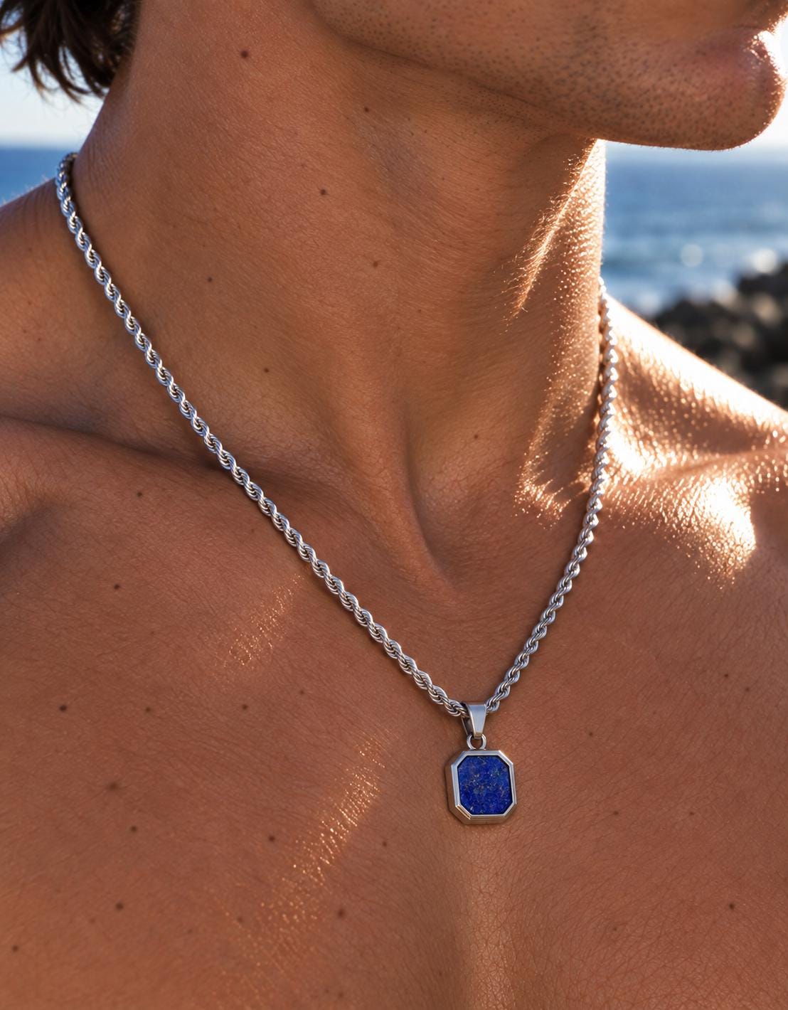Lapis Lazuli Necklace, Men's Silver Necklace, Mens Stone Pendant