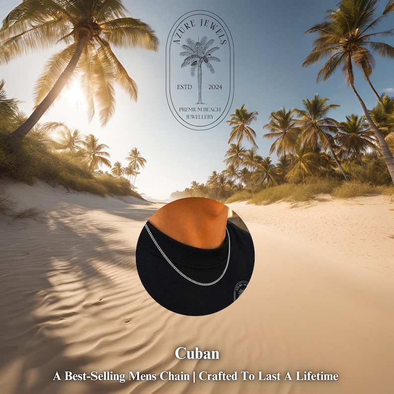 May include: A silver-toned Cuban link chain necklace worn around the neck against a black shirt. The image features the text Azure Jewels Estd 2024 Premium Beach Jewellery, the word Cuban, and the text A Best-Selling Mens Chain Crafted To Last A Lifetime.