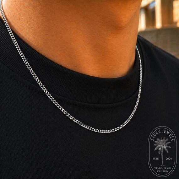 Mens Necklace, Silver Cuban Chain: Stainless Steel Connell Chain 2mm, Thin Silver Chain, Mens Silver Necklace