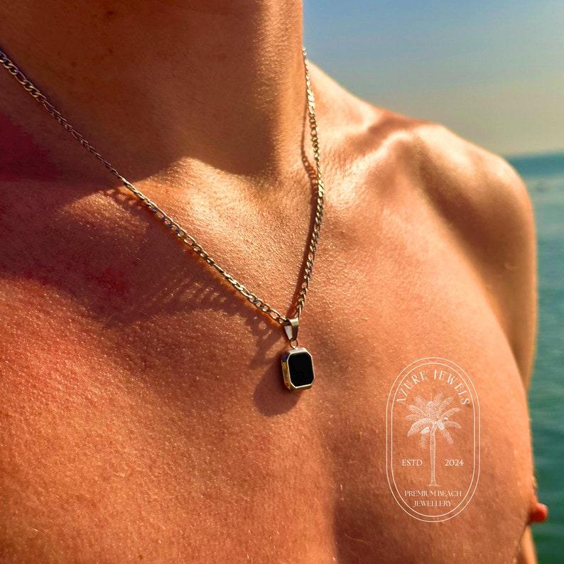 mens silver black onyx necklace