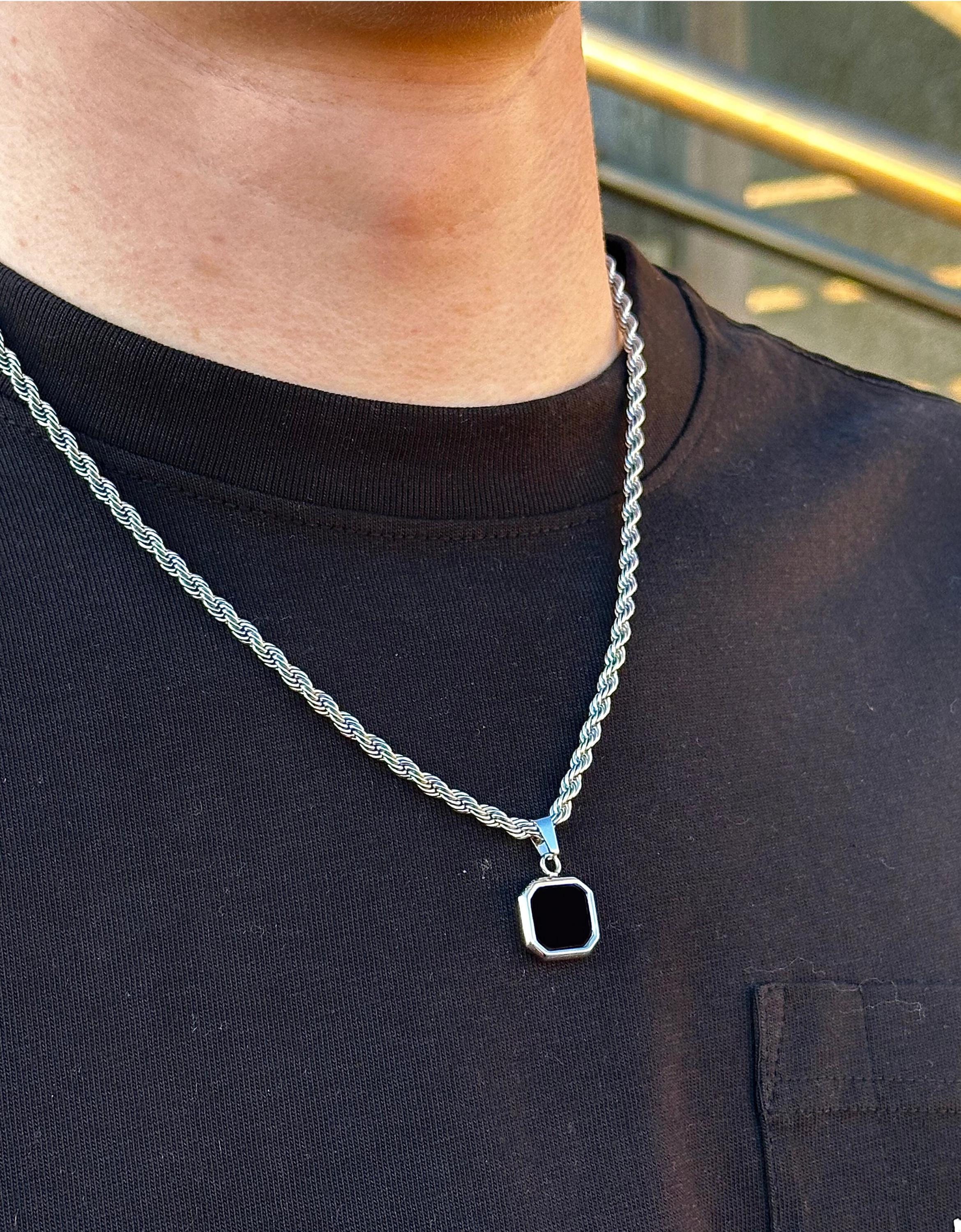 Black Onyx Pendant Necklace, Men's Silver Necklace, Mens Black