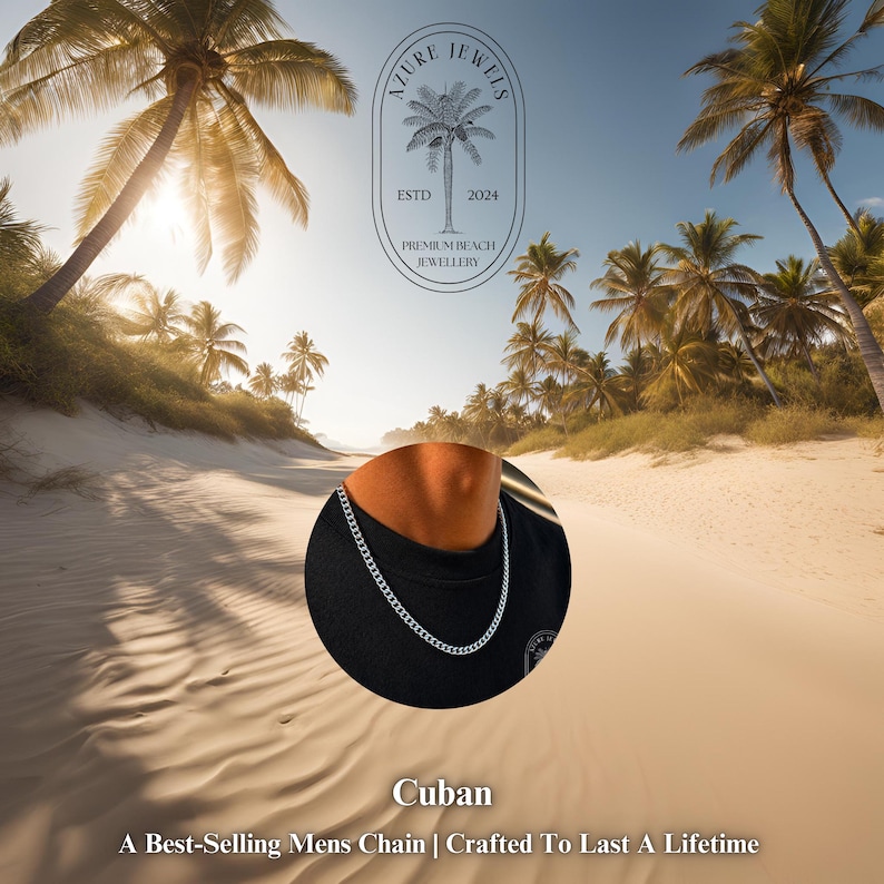 May include: A silver-toned Cuban link chain necklace worn against a black shirt. The image features the text Azure Jewels Estd 2024 Premium Beach Jewellery, the word Cuban, and the phrase A Best-Selling Mens Chain | Crafted To Last A Lifetime.