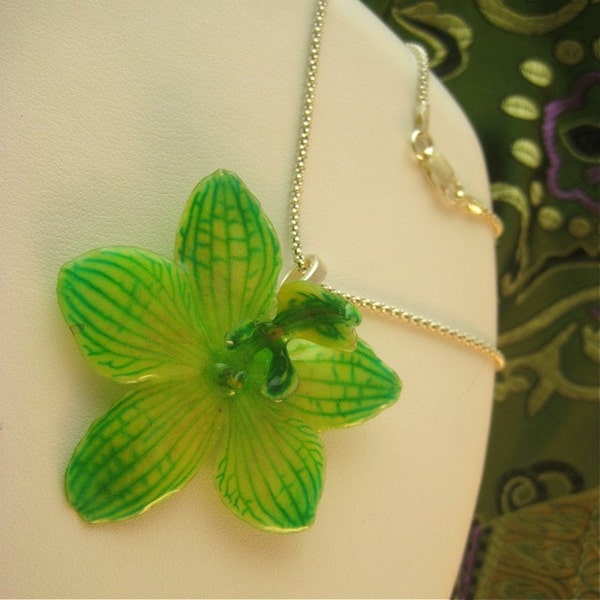 Green Phalaenopsis Orchid - Real Flower on high grade Italian silver chain