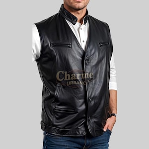 Real Black Leather Biker Vest - Classic Style - Custom Fit