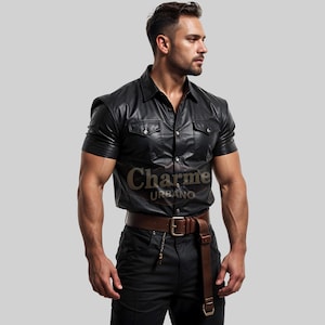 Handmade Black Leather Uniform Shirt For Men Real Black Leather Shirt Men - Personalised Black Leather Shirt Men Classic Leather Black Shirt