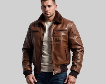 90s Leather Jacket ブラウン レザージャケット 90年代風ヴィンテージ風ブラウンレザーボンバージャケット：ユニ