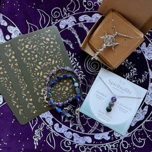 Ensemble cadeau sorcière bijoux collier pendentif Hecata en argent sterling 925 bracelet de pierres précieuses pierre brute tarot oracle carte clé serpent triple lune