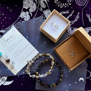 Tweelingen PREMIUM sieraden set astrologie sterrenbeeld dierenriem ketting ruwe stenen tijgeroog parel citrien armband sterlingzilveren ring tarot