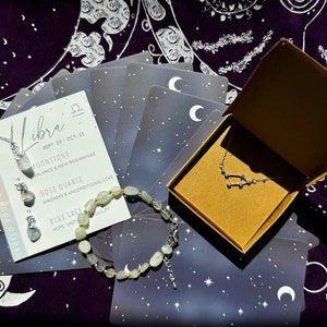 Ensemble de bijoux Balance astrologie constellation du zodiaque collier pierres brutes quartz rose pierre de lune agate bracelet en argent sterling carte oracle cadeau
