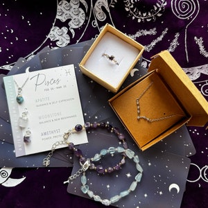 Vissen PREMIUM sieraden set astrologie sterrenbeeld dierenriem ketting ruwe stenen apatiet maansteen amethist armband sterlingzilveren ring tarot