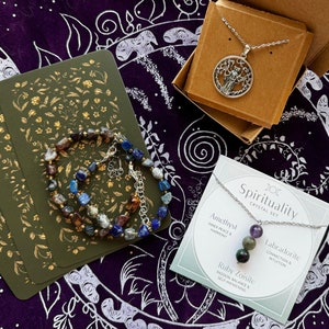 Ensemble cadeau sorcière bijoux collier pendentif Hecata en argent sterling 925 bracelet de pierres précieuses pierre brute tarot oracle carte fortune triple lune