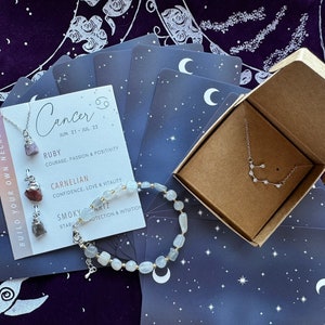 Kanker sieraden set astrologie sterrenbeeld dierenriem ketting ruwe stenen maansteen robijn armband sterlingzilver orakel kaart cadeau voor haar