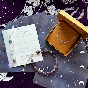Ensemble de bijoux poissons astrologie constellation du zodiaque collier pierres brutes apatite pierre de lune améthyste bracelet en argent sterling oracle carte cadeau