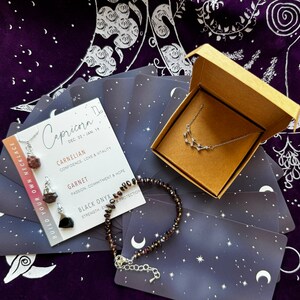 Parure de bijoux Capricorne astrologie constellation du zodiaque collier pierres brutes cornaline onyx rouge grenat bracelet en argent sterling oracle carte