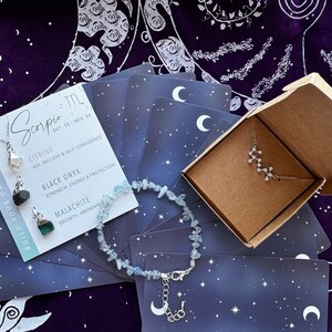 Skorpion Schmuck-Set Astrologie Sternbild Sternzeichen Kette Rohsteine Aquamarin Blau Armband Sterling Silber Orakel Karte Geschenk für sie