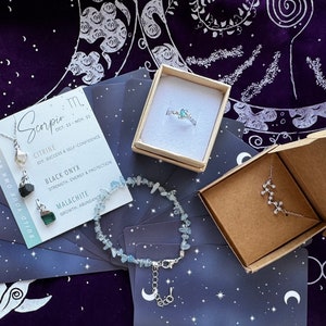 Schorpioen PREMIUM sieraden set astrologie sterrenbeeld dierenriem ketting ruwe stenen aquamarijn citrien onyx armband sterlingzilveren ring tarot