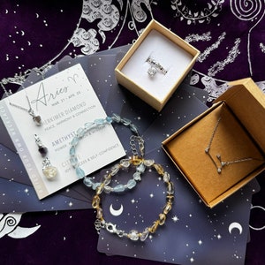 RAM PREMIUM sieraden set astrologie sterrenbeeld dierenriem ketting ruwe stenen diamant citrien amethist armband sterlingzilveren ring tarot