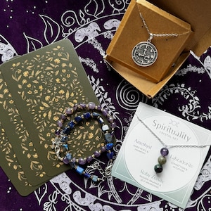 witchy Geschenk Set Schmuck Halskette Lilith Siegel Dämon Anhänger Sterling Silber 925 Edelstein Armband Rohstein Tarot Orakel Karte Mond