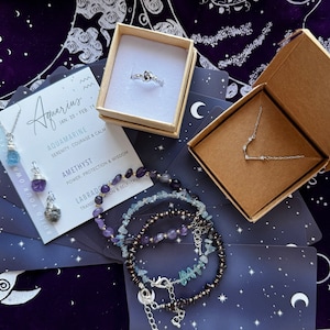 Waterman PREMIUM sieraden set astrologie sterrenbeeld dierenriem ketting ruwe stenen aquamarijn amethist armband sterlingzilveren ring tarot