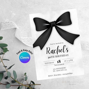 Black Bow Invitation 30th Birthday Invite Black Bow Invite Coquette Birthday Invitation Editable Black Ribbon Invite Digital