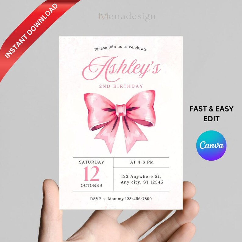 Pink Bow Birthday Invitation Birthday Pink Bow Birthday Invite Kids ...
