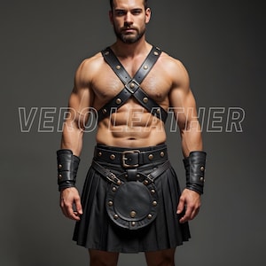 Customized Black Leather Gladiator Kilt For Men HandMade - Personalized Leather Kilt Men - Real Leather Kilt Men - Real leather Kilt Men