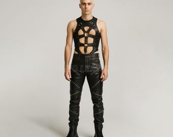 Men's Black Leather Harness Vest & Biker Pants Set: Gothic Punk Outfit