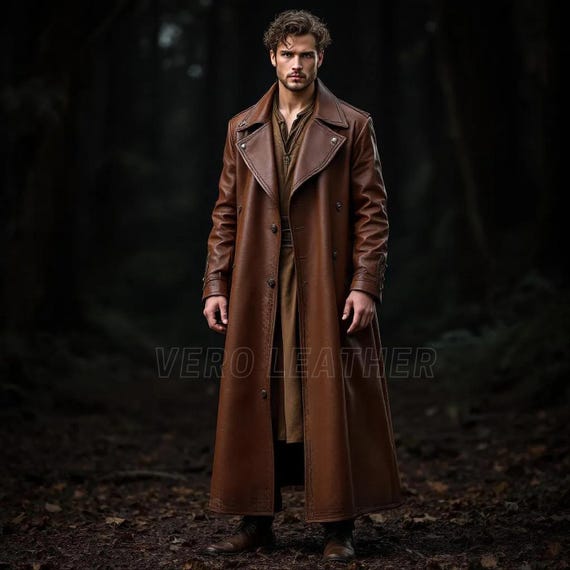 Genuine Leather Long Coat Men's Brown Genuine Leather Trench Coat