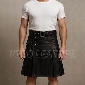 Handmade Black Leather Gladiator Kilt: Gothic Biker Steampunk